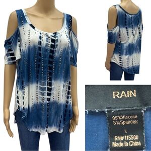 Rain Tie Dye Blue White Studded Asymmetrical Hem Cold Shoulder Tunic Top Size L